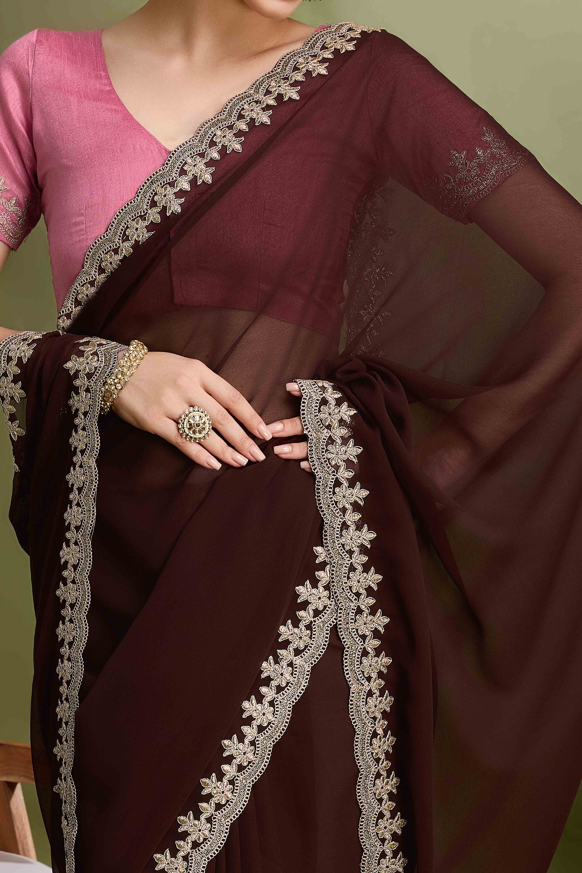 Brown Solid With Zari Embroidered Georgette Saree