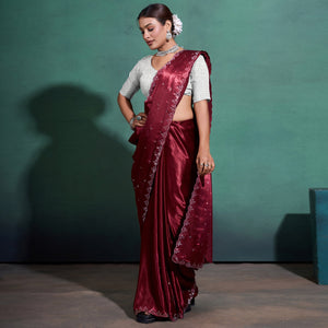 Maroon Swarovski Work Embroidered Satin Saree