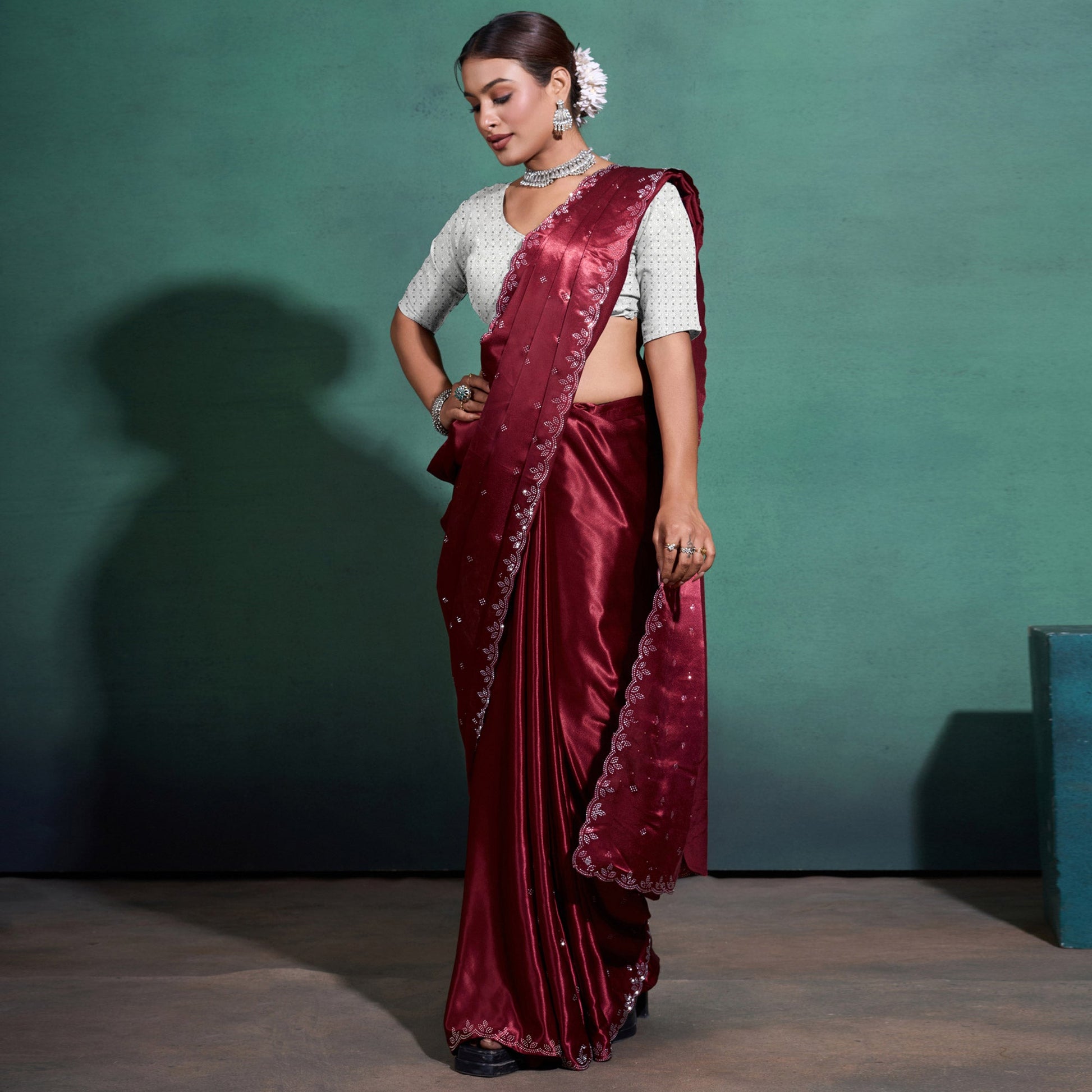 Maroon Swarovski Work Embroidered Satin Saree