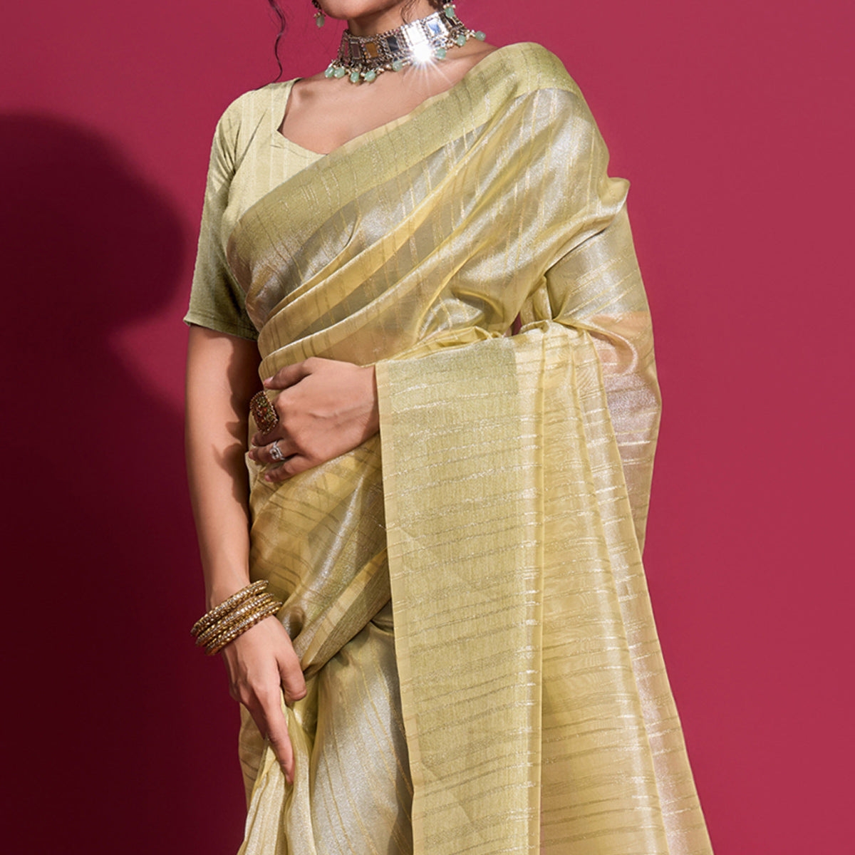 Light Yellow Woven Organza Zari Saree With Tassels