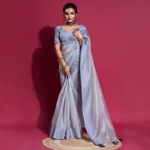 Blue Woven Organza Zari Saree With Tassels