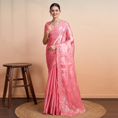 Gajri Pink Sequins Embroidered Organza Saree
