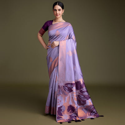 Lavender Floral Woven Banarasi Silk Saree