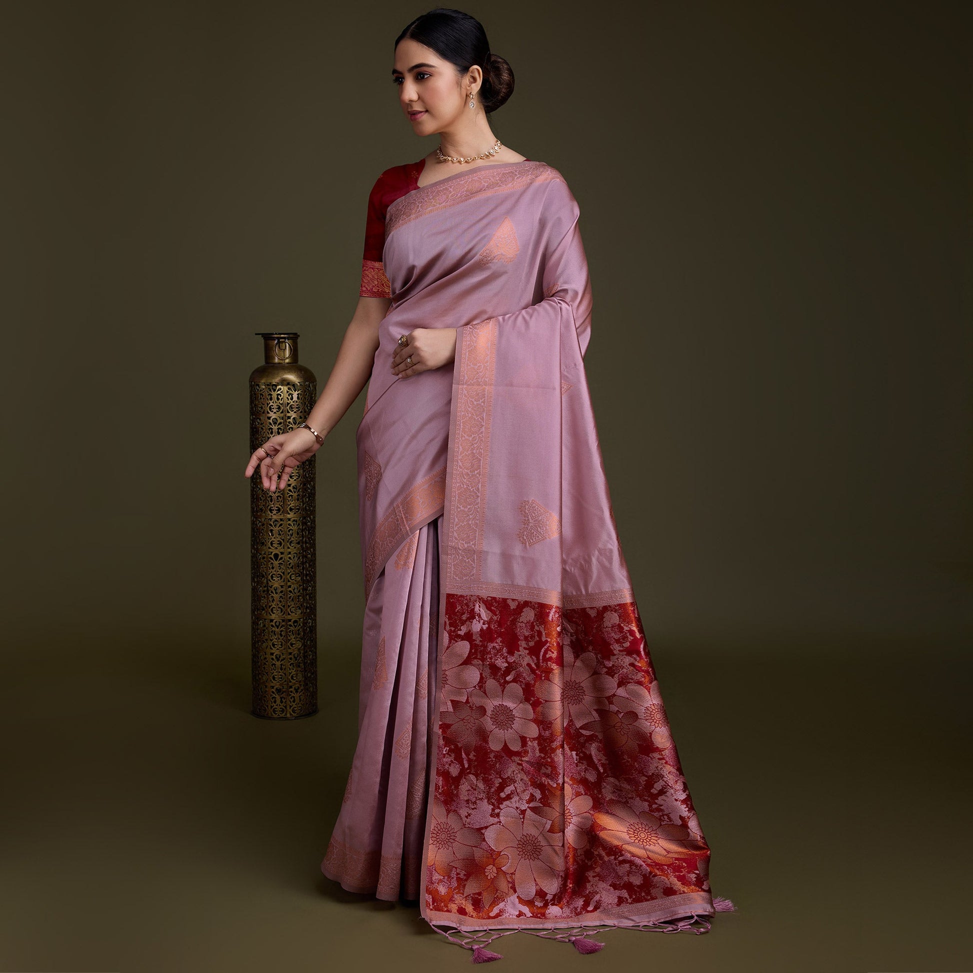Dusty Pink Floral Woven Banarasi Silk Saree