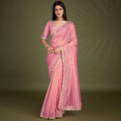 Light Pink Sequins Embroidery With Mirror Handwork Twill Net Saree