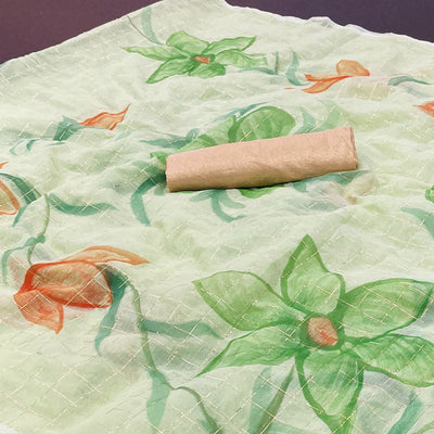 green-hand-printed-with-zari-woven-cotton-blend-saree