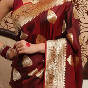 Maroon Floral Woven Lichi Banarasi Silk Saree
