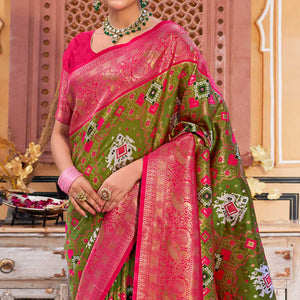 Mehendi Green Woven Art Silk Patola Saree With Tassels