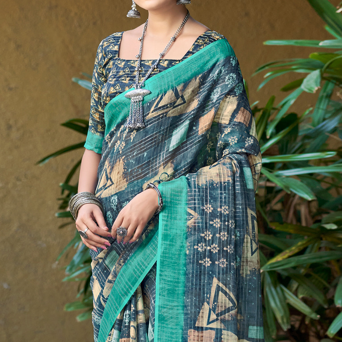 Cadet Blue Abstract Digital Printed Linen Saree