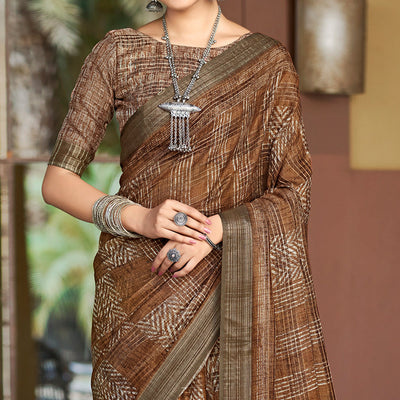 Brown Abstract Digital Printed Linen Saree