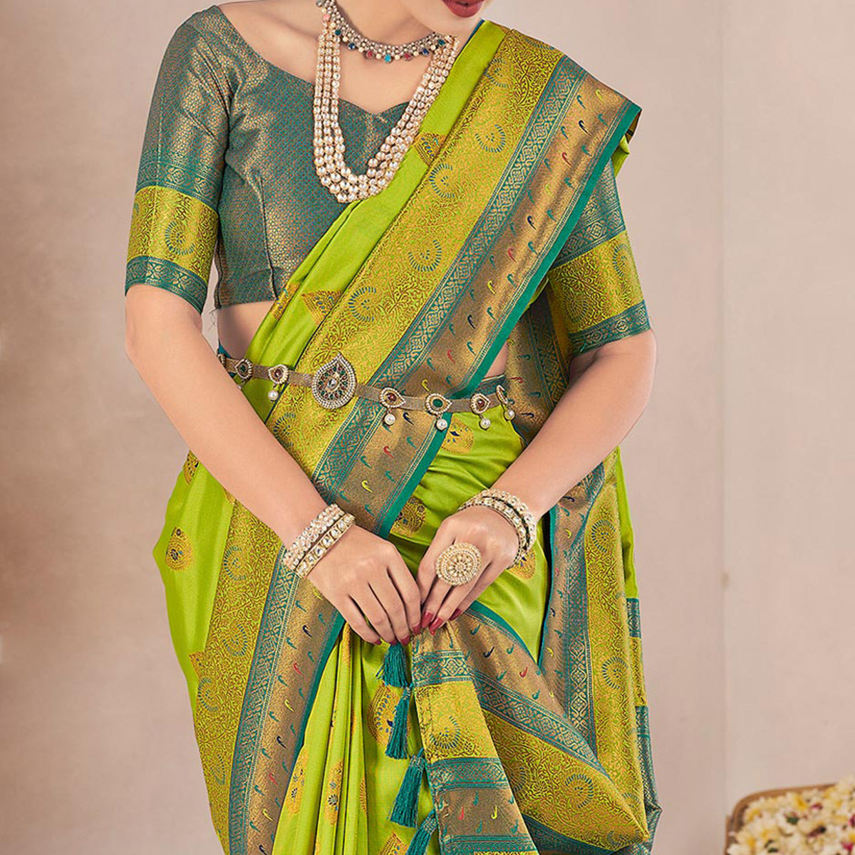 green-woven-pure-silk-saree-with-tassels-4