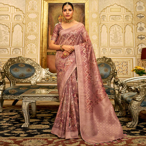 Mauve Floral Digital Printed Tissue Saree With Tassels