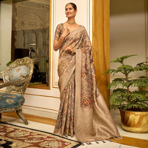 Brown Floral Digital Printed Tissue Saree With Tassels