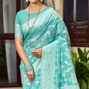 Blue Woven Cotton Silk Saree With Tassels