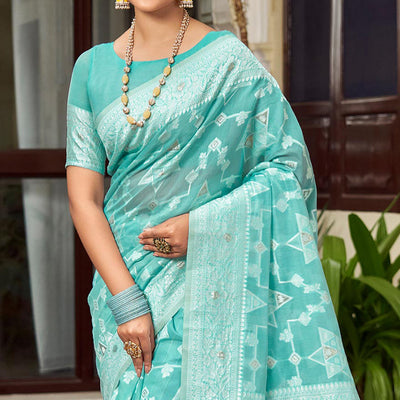 Blue Woven Cotton Silk Saree With Tassels