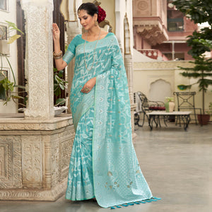 Blue Woven Cotton Silk Saree With Tassels