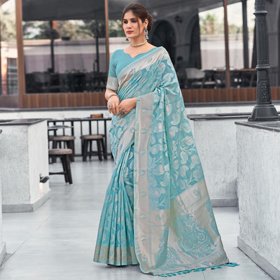Blue Woven Cotton Silk Saree With Tassels