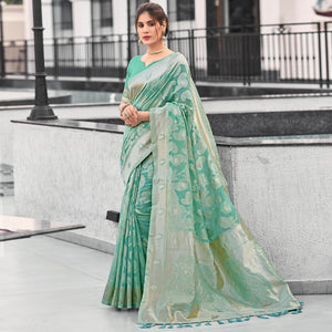 Light Rama Green Woven Cotton Silk Saree With Tassels