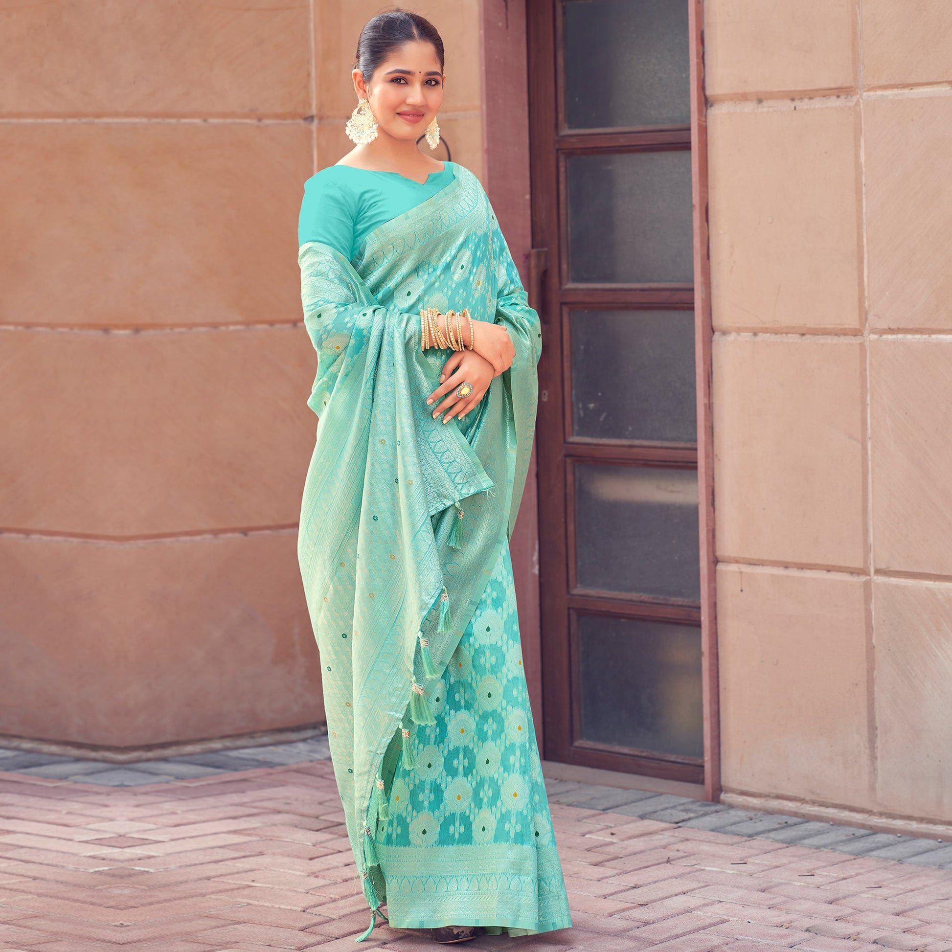 Blue Woven Cotton Silk Saree With Tassels