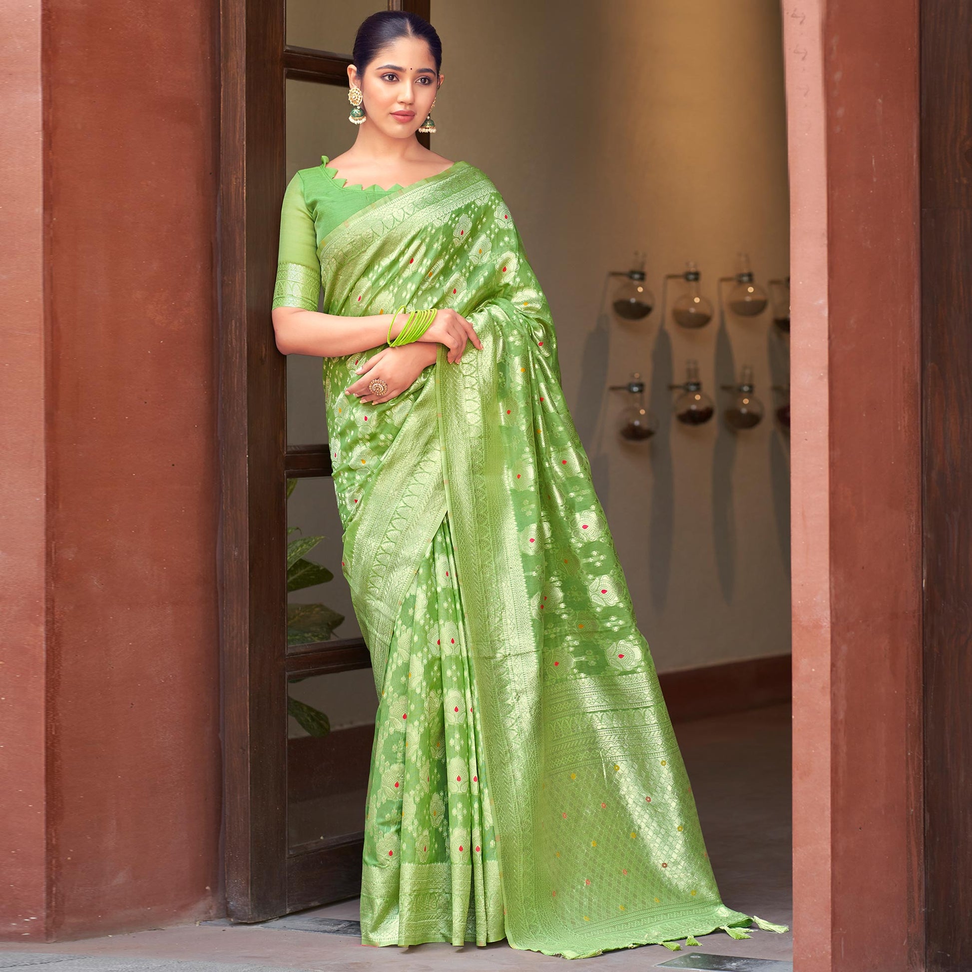 green-woven-cotton-silk-saree-with-tassels-17