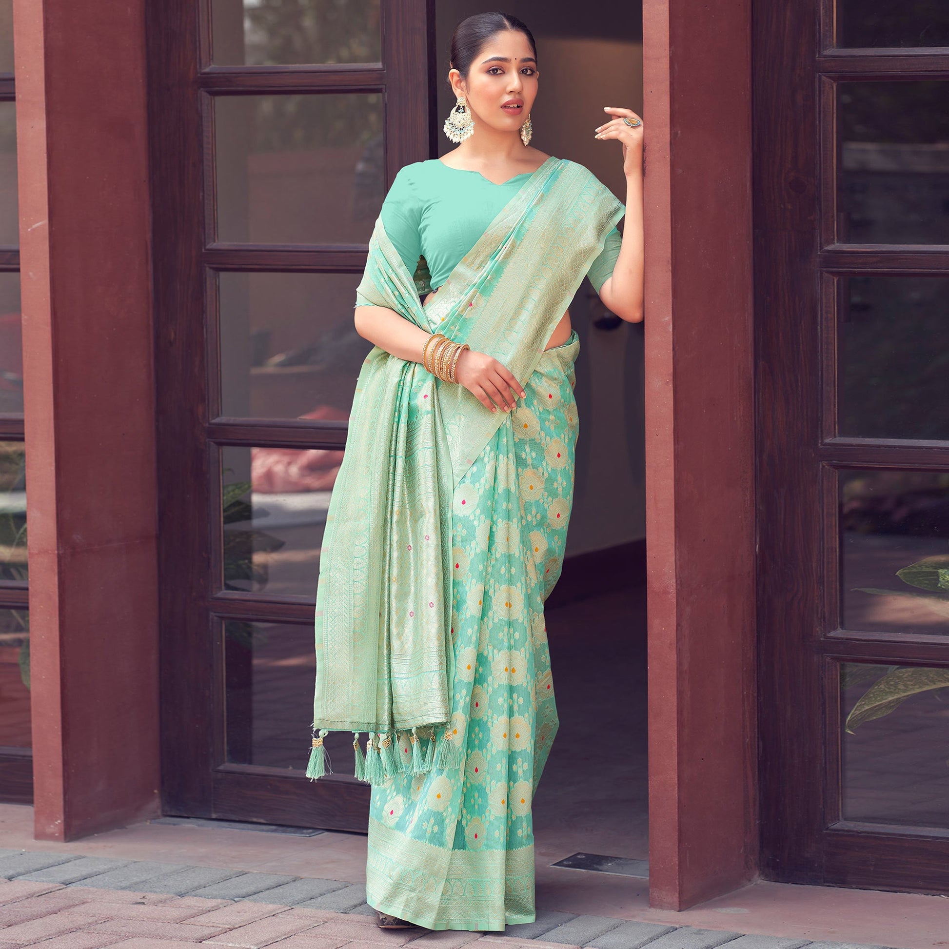 Light Rama Green Woven Cotton Silk Saree With Tassels