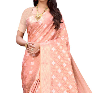 Dark Peach Festive Wear Woven Silk Saree