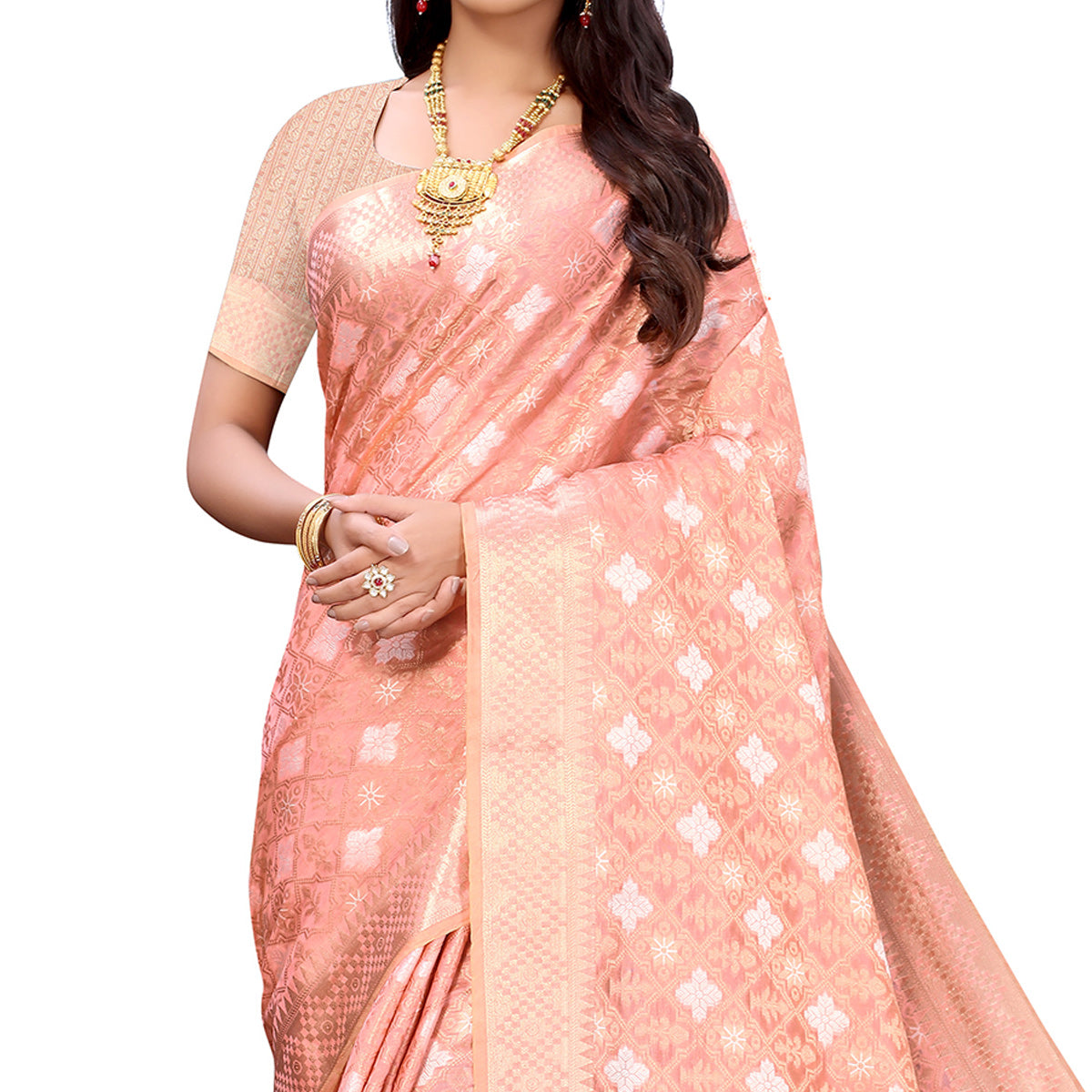 Dark Peach Festive Wear Woven Silk Saree