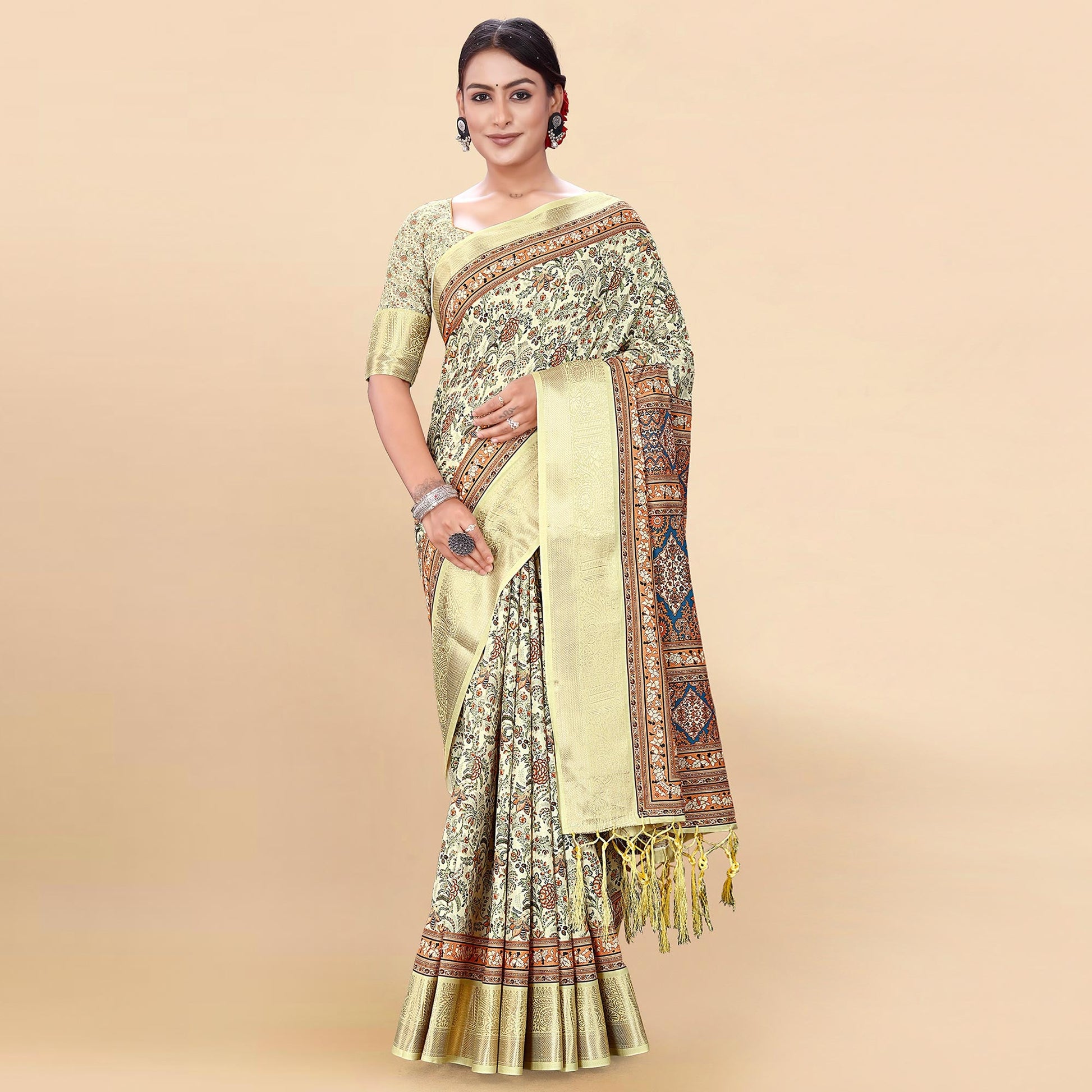 Light Yellow Floral Digital Printed Pure Cotton Saree