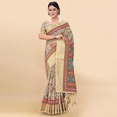 Cream Floral Digital Printed Pure Cotton Saree