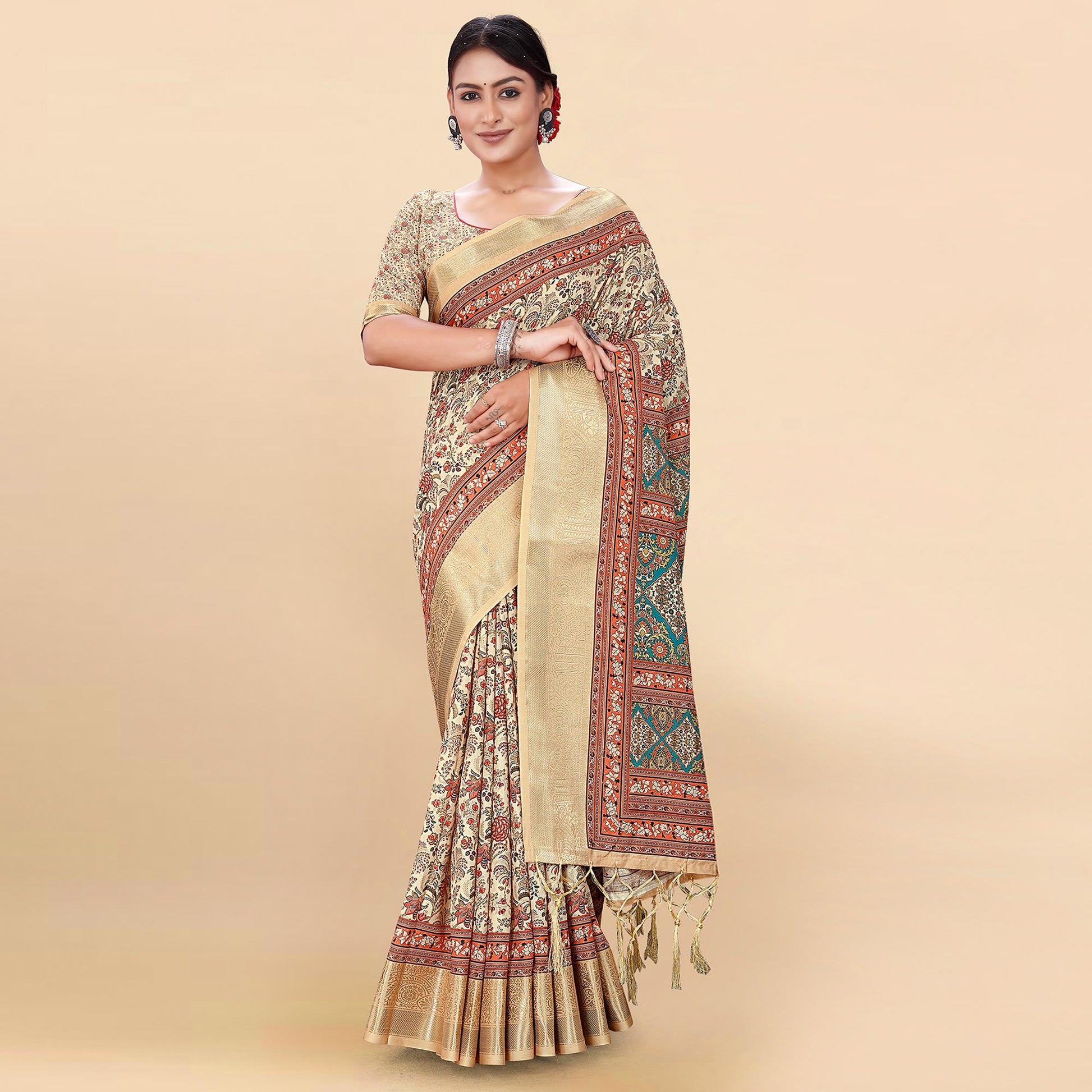 Cream Floral Digital Printed Pure Cotton Saree