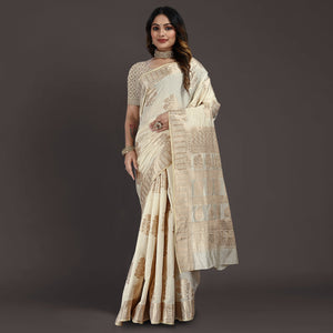 Cream Floral Woven Raw Silk Saree