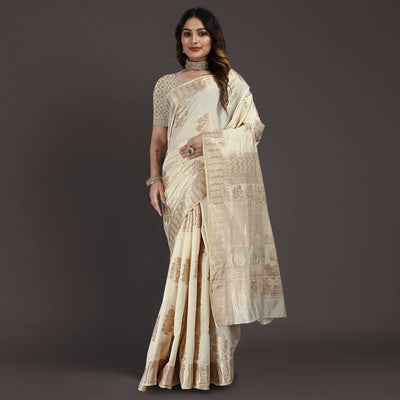 Cream Floral Woven Raw Silk Saree