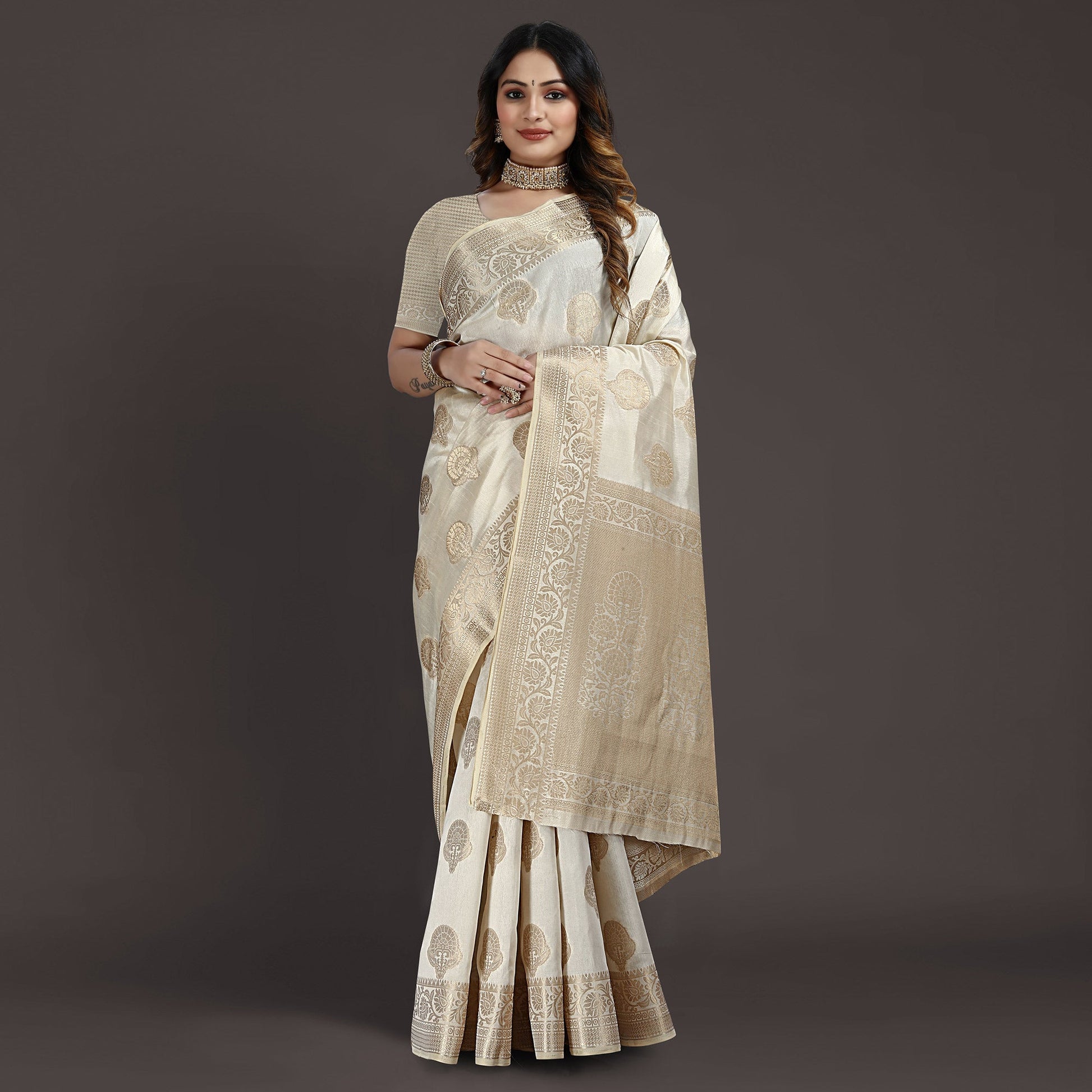 Cream Floral Woven Raw Silk Saree