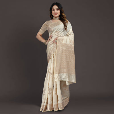 Cream Floral Woven Raw Silk Saree