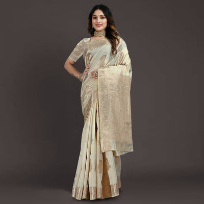 Cream Floral Woven Raw Silk Saree