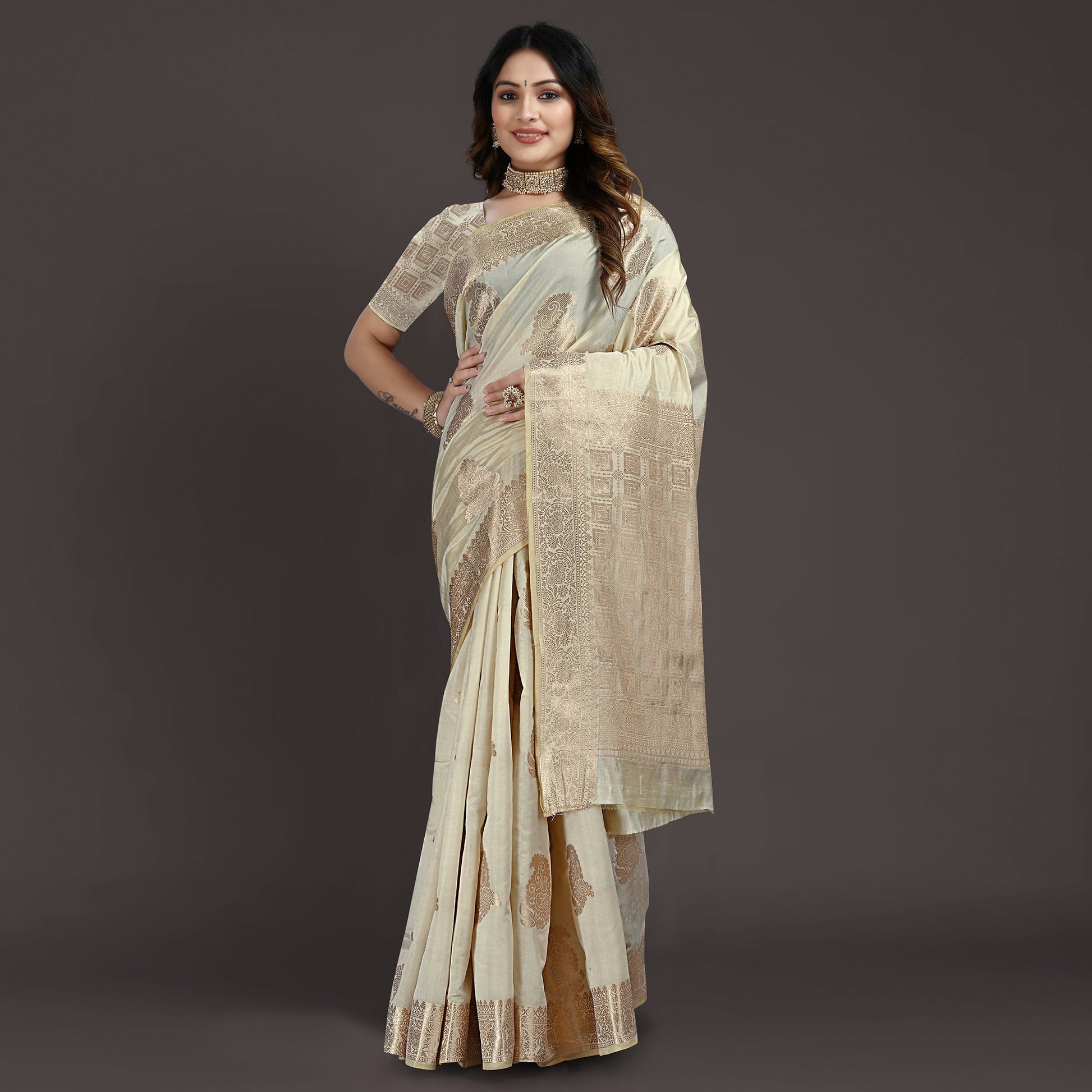 Cream Floral Woven Raw Silk Saree