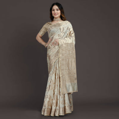 Cream Floral Woven Raw Silk Saree