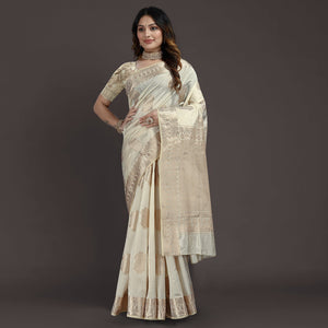Cream Floral Woven Raw Silk Saree