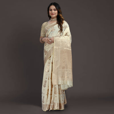 Cream Floral Woven Raw Silk Saree