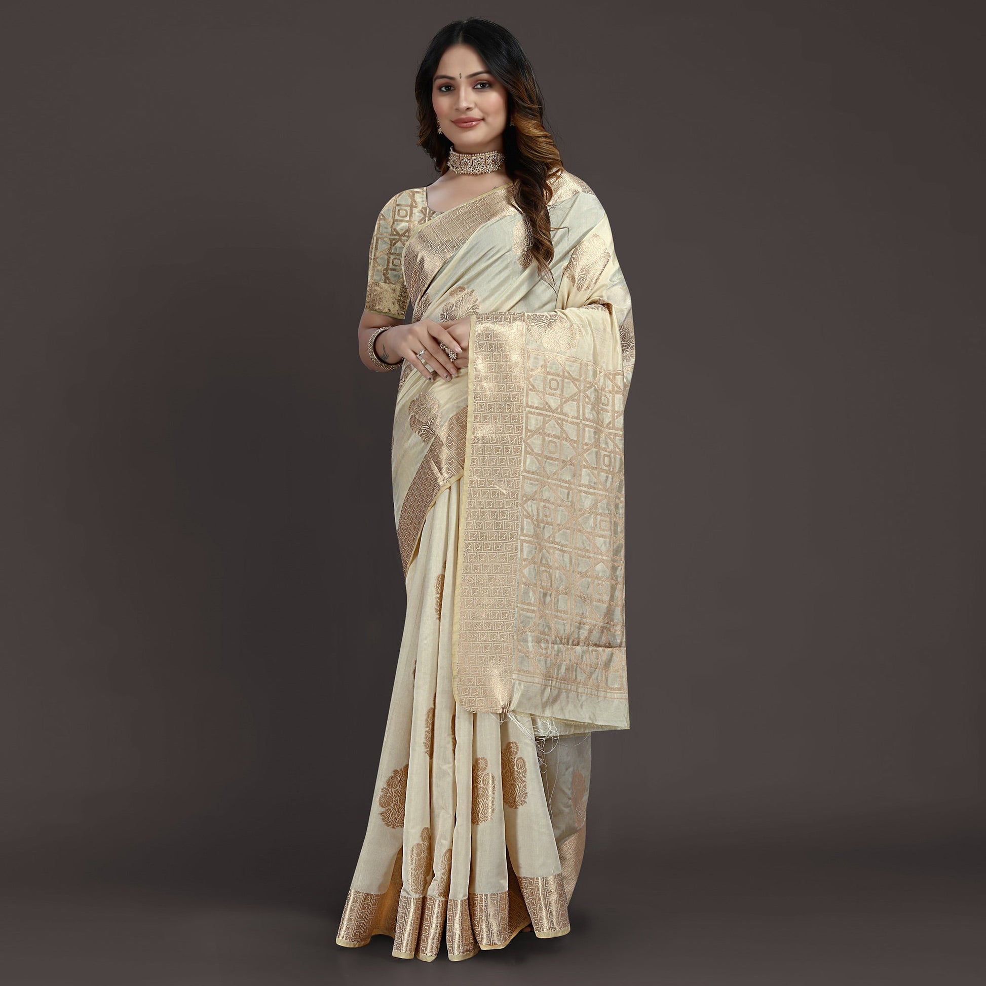 Cream Floral Woven Raw Silk Saree
