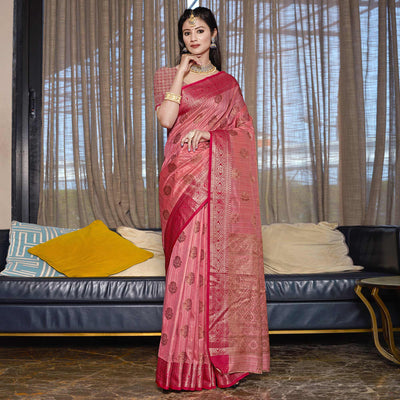 Gajari Pink Floral Woven Cotton Blend Saree