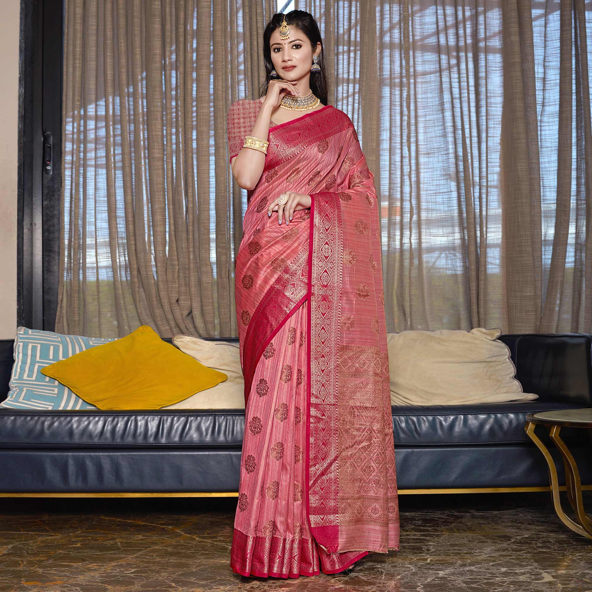 Gajari Pink Floral Woven Cotton Blend Saree
