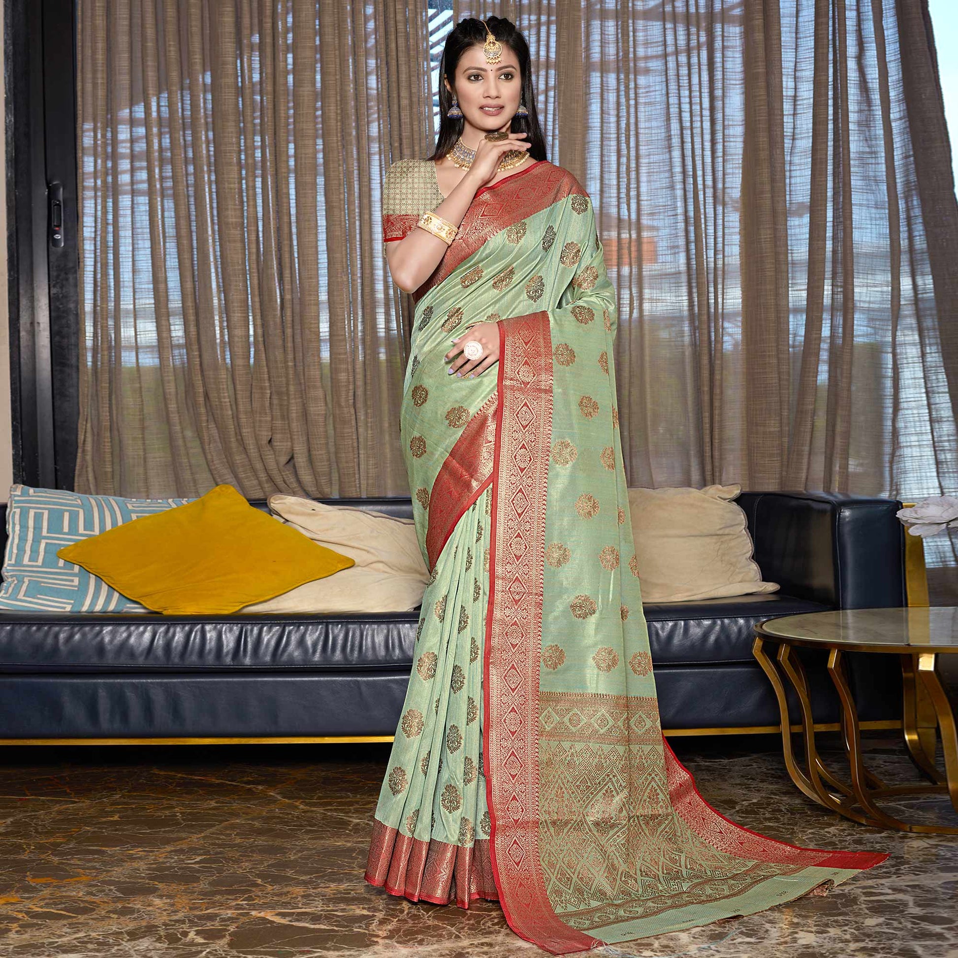 green-floral-woven-cotton-blend-saree