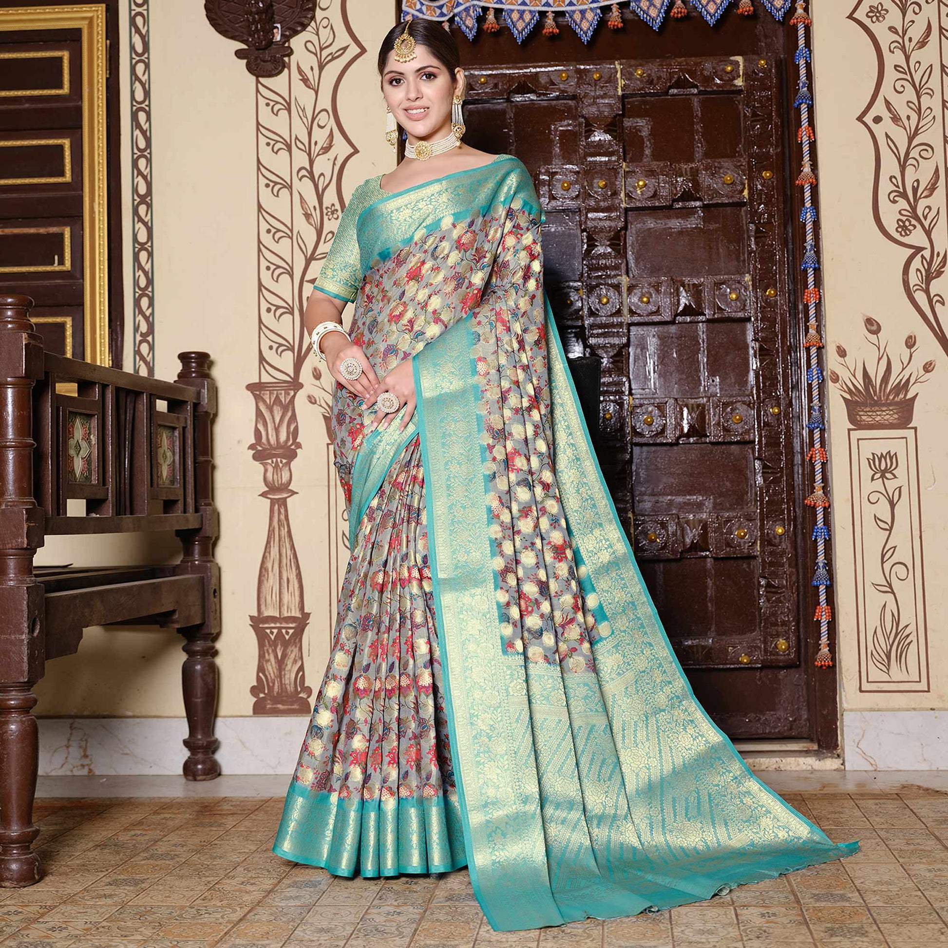 grey-turquoise-floral-printed-pure-cotton-saree
