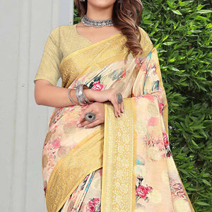 Cream & Yellow Floral Printed Pure Cotton Saree