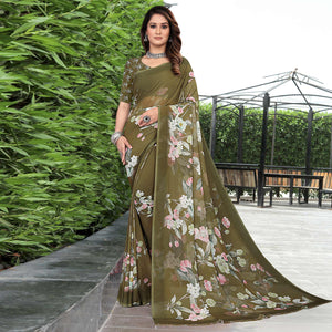 Mehandi Green Floral Digital Printed Georgette Saree