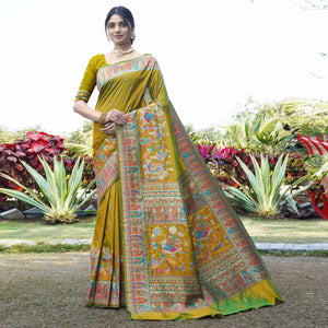 Lemon Green Woven Pure Silk Saree