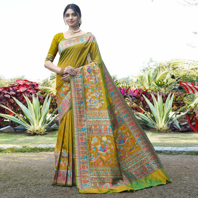 Lemon Green Woven Pure Silk Saree
