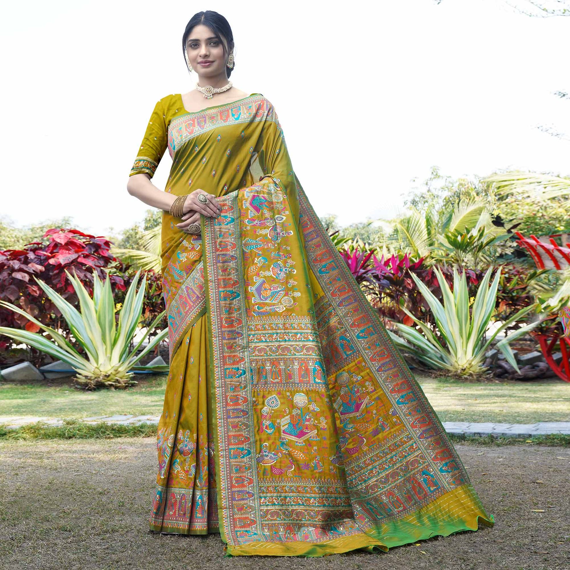 Lemon Green Woven Pure Silk Saree