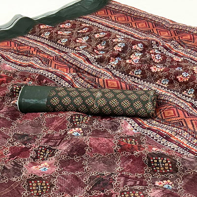 Maroon Floral Digital Printed Cotton Blend Saree